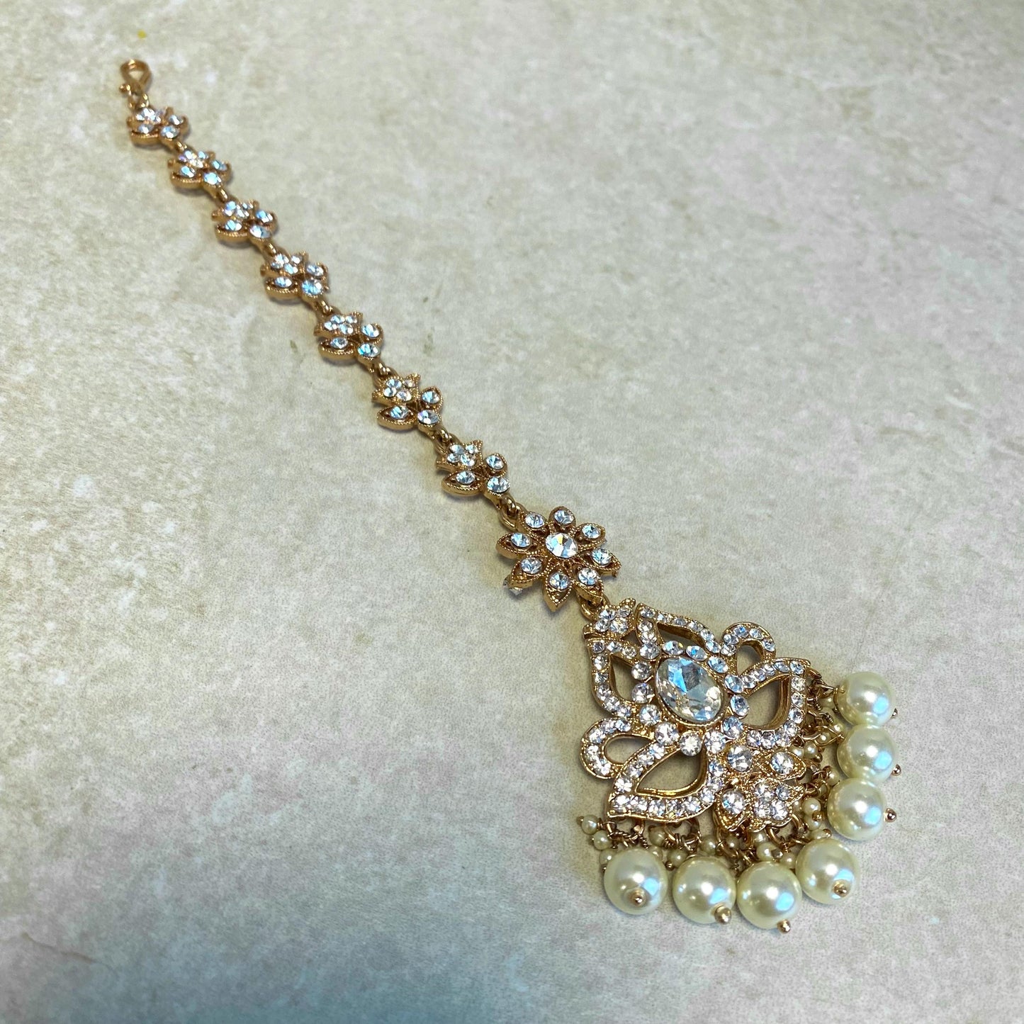 Rose Gold Pearl Rhinestone Maang Tikka Bindya Indian Pakistani Bollywood Headpiece Mendhi Jewels Gift Fashion