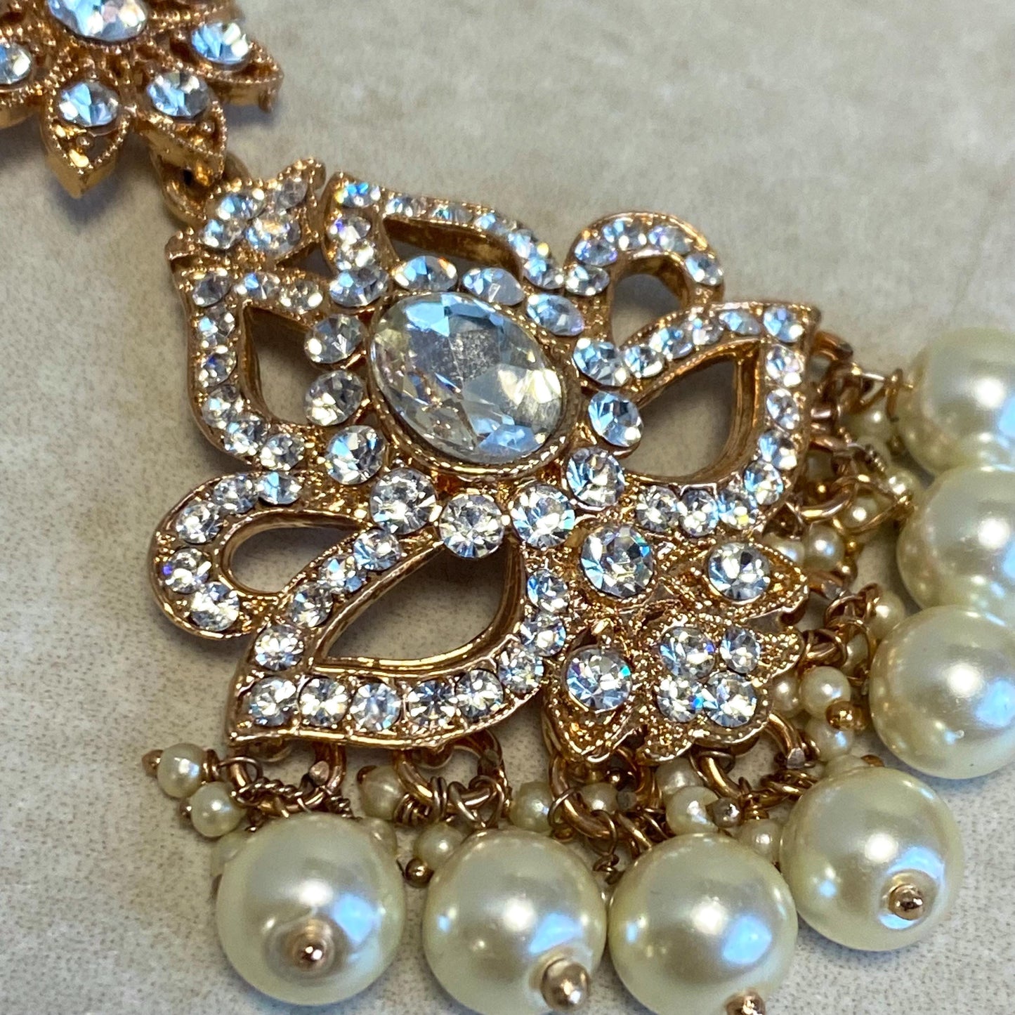 Rose Gold Pearl Rhinestone Maang Tikka Bindya Indian Pakistani Bollywood Headpiece Mendhi Jewels Gift Fashion