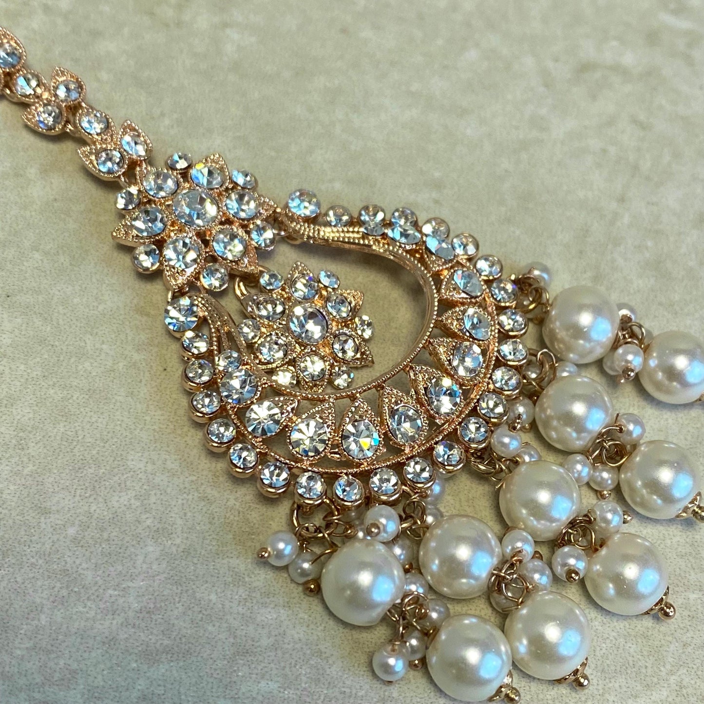 Rose Gold Pearl Rhinestone Maang Tikka Bindya Indian Pakistani Bollywood Headpiece Mendhi Jewels Gift Fashion