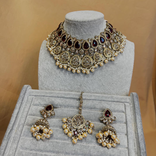 Maroon Bridal Choker Necklace set with Earring, Tikka and Jhumar Indian/ Pakistani Style/ Wedding/ Antique Gold/ Champagne Crystals