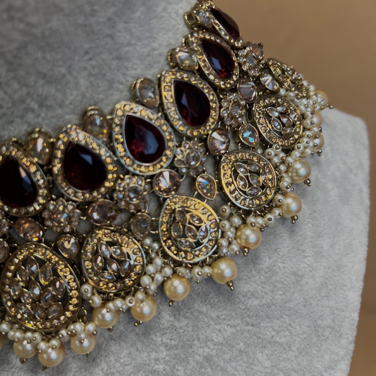 Maroon Bridal Choker Necklace set with Earring, Tikka and Jhumar Indian/ Pakistani Style/ Wedding/ Antique Gold/ Champagne Crystals
