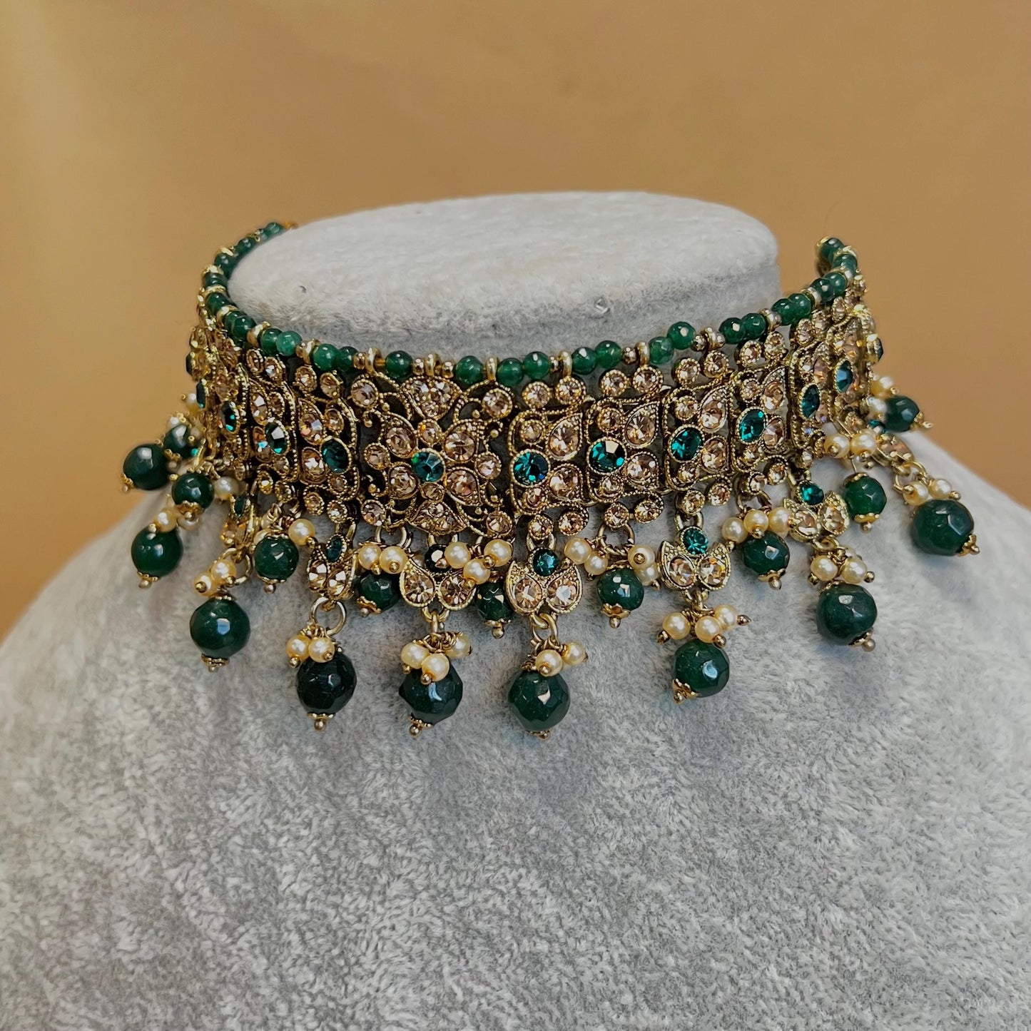 Green Choker Necklace Bridal Set ,Antique gold with Champagne Crystals- Indian/ Pakistani Style/Bridal set/Wedding/Jhumka Earring Tikka