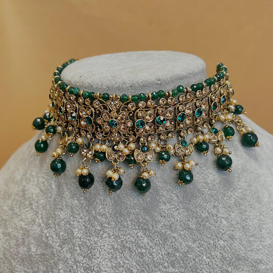 Green Choker Necklace Bridal Set ,Antique gold with Champagne Crystals- Indian/ Pakistani Style/Bridal set/Wedding/Jhumka Earring Tikka