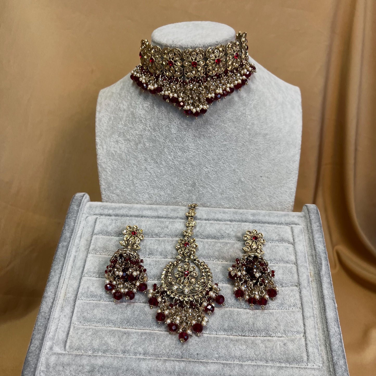Maroon Bridal Choker Necklace set with Earring, Tikka and Jhumar Indian/ Pakistani Style/ Wedding/ Antique Gold/ Champagne Crystals