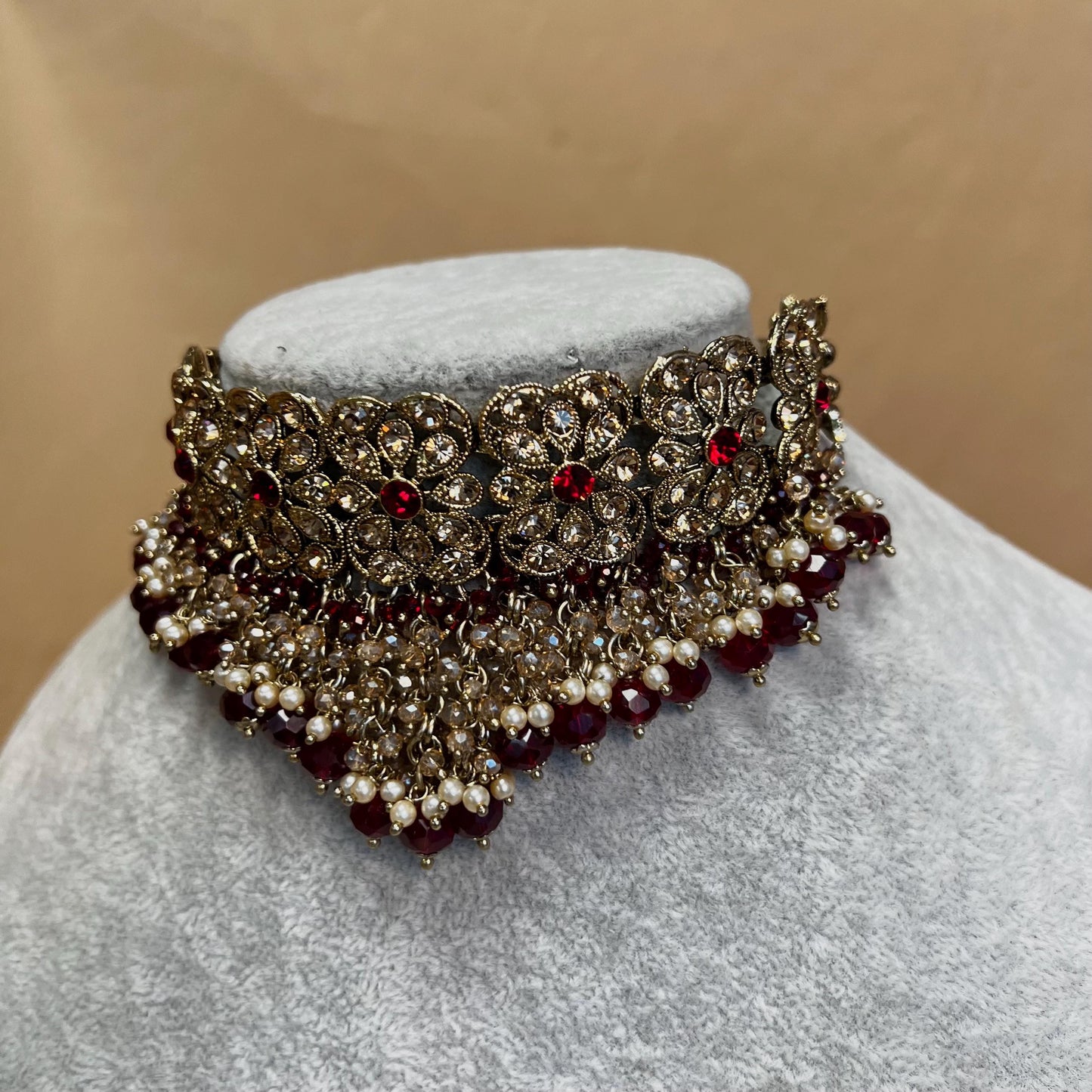 Maroon Bridal Choker Necklace set with Earring, Tikka and Jhumar Indian/ Pakistani Style/ Wedding/ Antique Gold/ Champagne Crystals