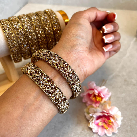 Set of 2 Antique Gold Champagne Zircon Thick Heavy Kada Bangles End Bangles Indian Pakistani Jewelley  Fashion High Quality Gift Choose Size