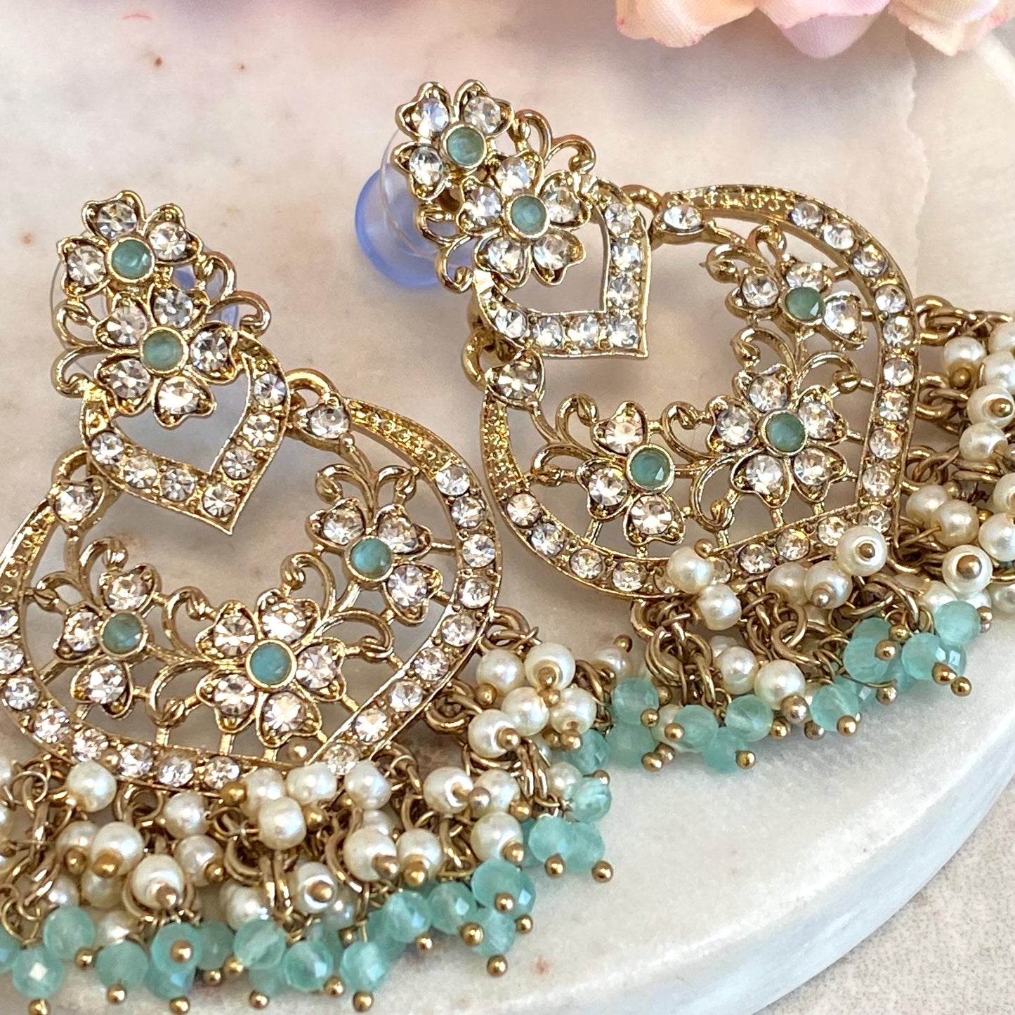 Mint Blue Antique Gold Clear Rhinestone Stud Medium Size Lightweight Earring High Quality Indian Pakistani Bollywood Fashion Jewellery Gift