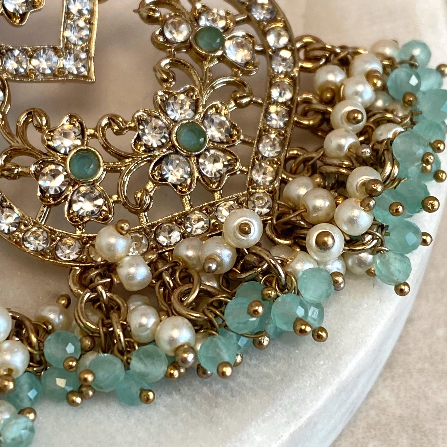 Mint Blue Antique Gold Clear Rhinestone Stud Medium Size Lightweight Earring High Quality Indian Pakistani Bollywood Fashion Jewellery Gift