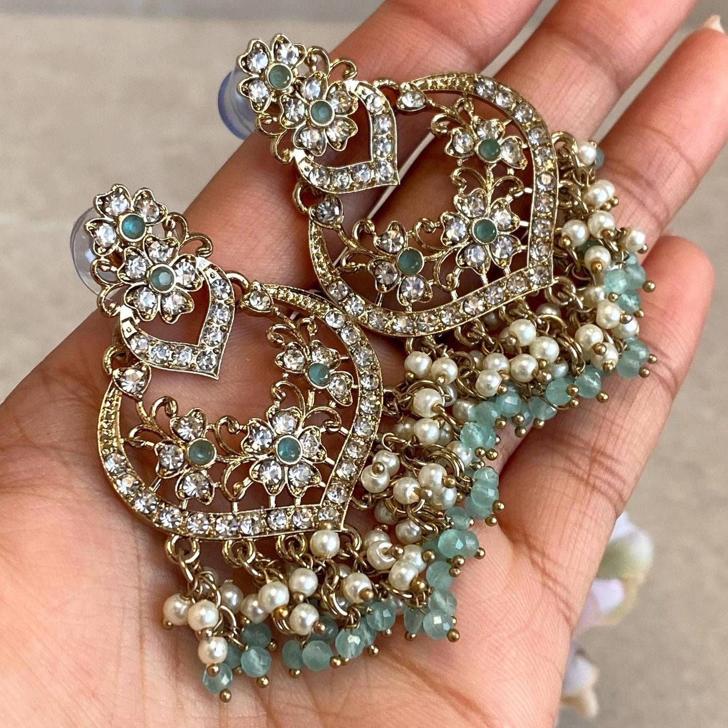 Mint Blue Antique Gold Clear Rhinestone Stud Medium Size Lightweight Earring High Quality Indian Pakistani Bollywood Fashion Jewellery Gift