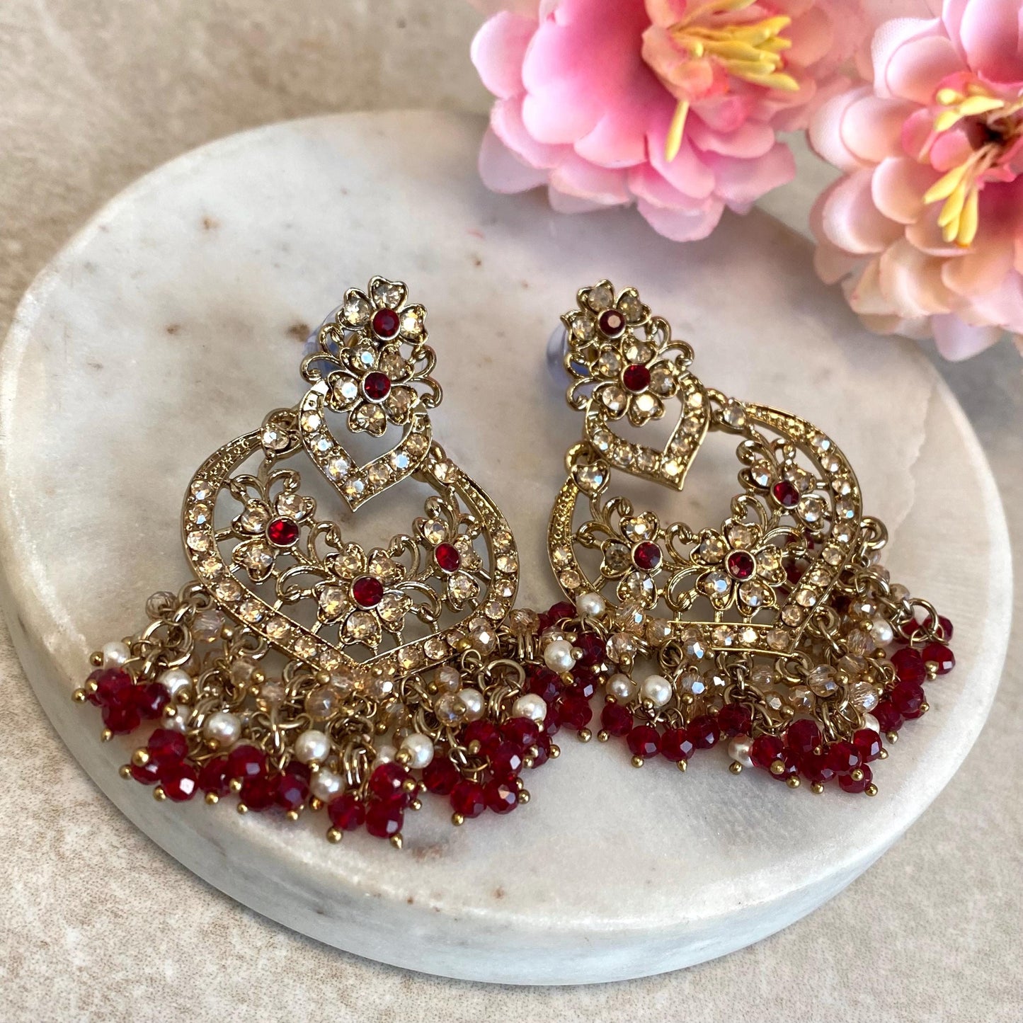 Maroon Antique Gold Golden Rhinestone Stud Medium Size Lightweight Earring High Quality Indian Pakistani Bollywood Fashion Jewellery Gift
