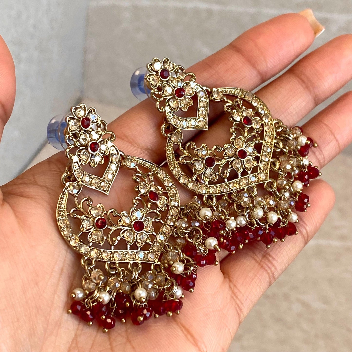 Maroon Antique Gold Golden Rhinestone Stud Medium Size Lightweight Earring High Quality Indian Pakistani Bollywood Fashion Jewellery Gift