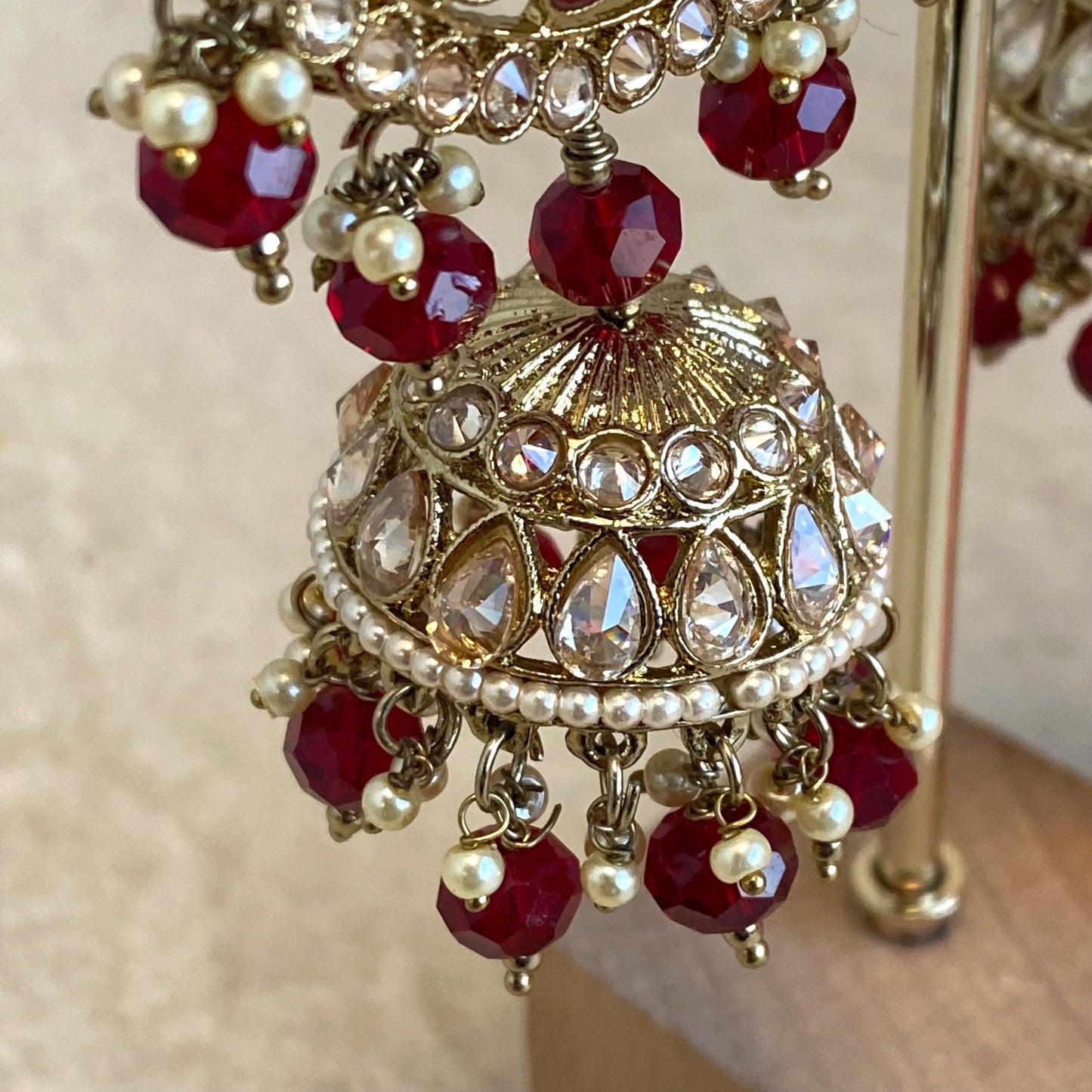 Maroon Large Antique Gold Champagne Zircon Crystal Jhumka Earring Indian Pakistani Bollywood Fashion Jewellery High Quality Gift for Her