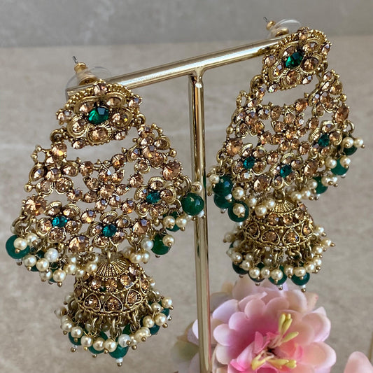 Green Large Antique Gold Golden Rhinestone Jhumka Earring Indian Pakistani Bollywood Fashion Jewellery High Quality Gift for Her Add Tikka