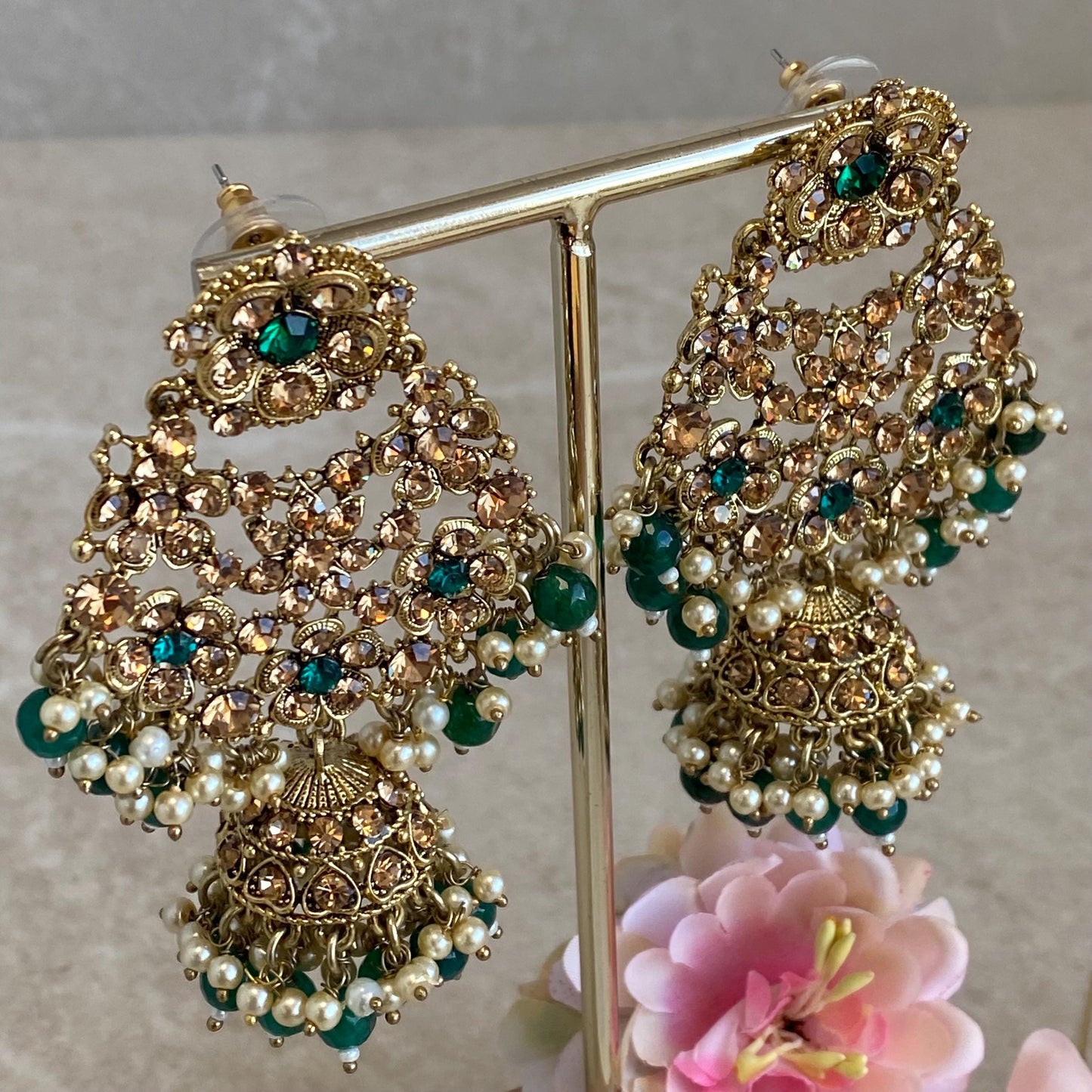 Green Large Antique Gold Golden Rhinestone Jhumka Earring Indian Pakistani Bollywood Fashion Jewellery High Quality Gift for Her Add Tikka