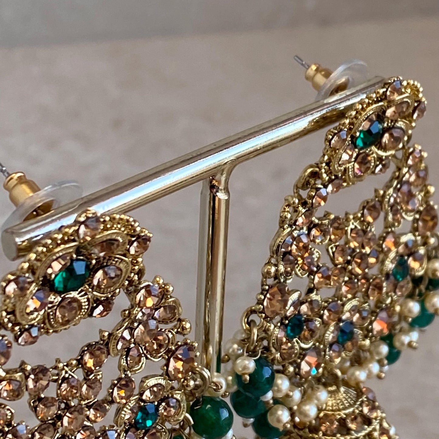 Green Large Antique Gold Golden Rhinestone Jhumka Earring Indian Pakistani Bollywood Fashion Jewellery High Quality Gift for Her Add Tikka