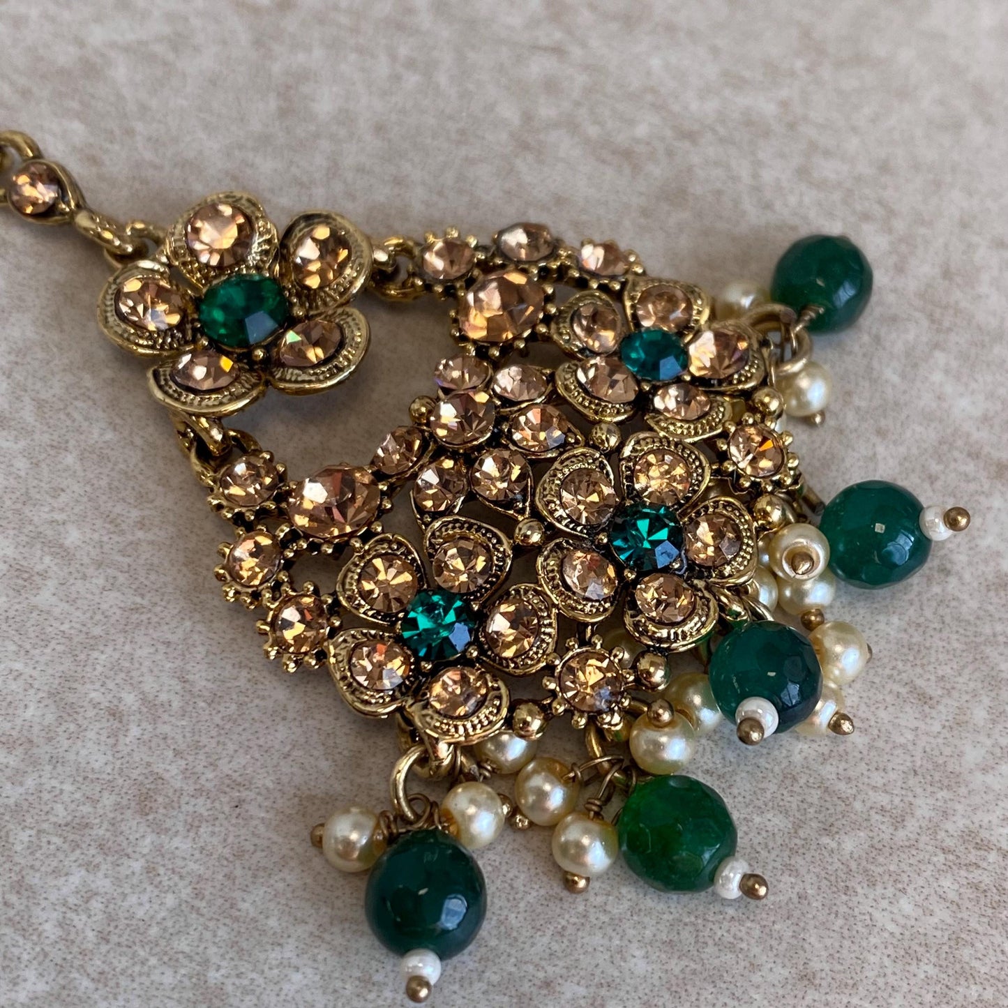 Green Large Antique Gold Golden Rhinestone Jhumka Earring Indian Pakistani Bollywood Fashion Jewellery High Quality Gift for Her Add Tikka