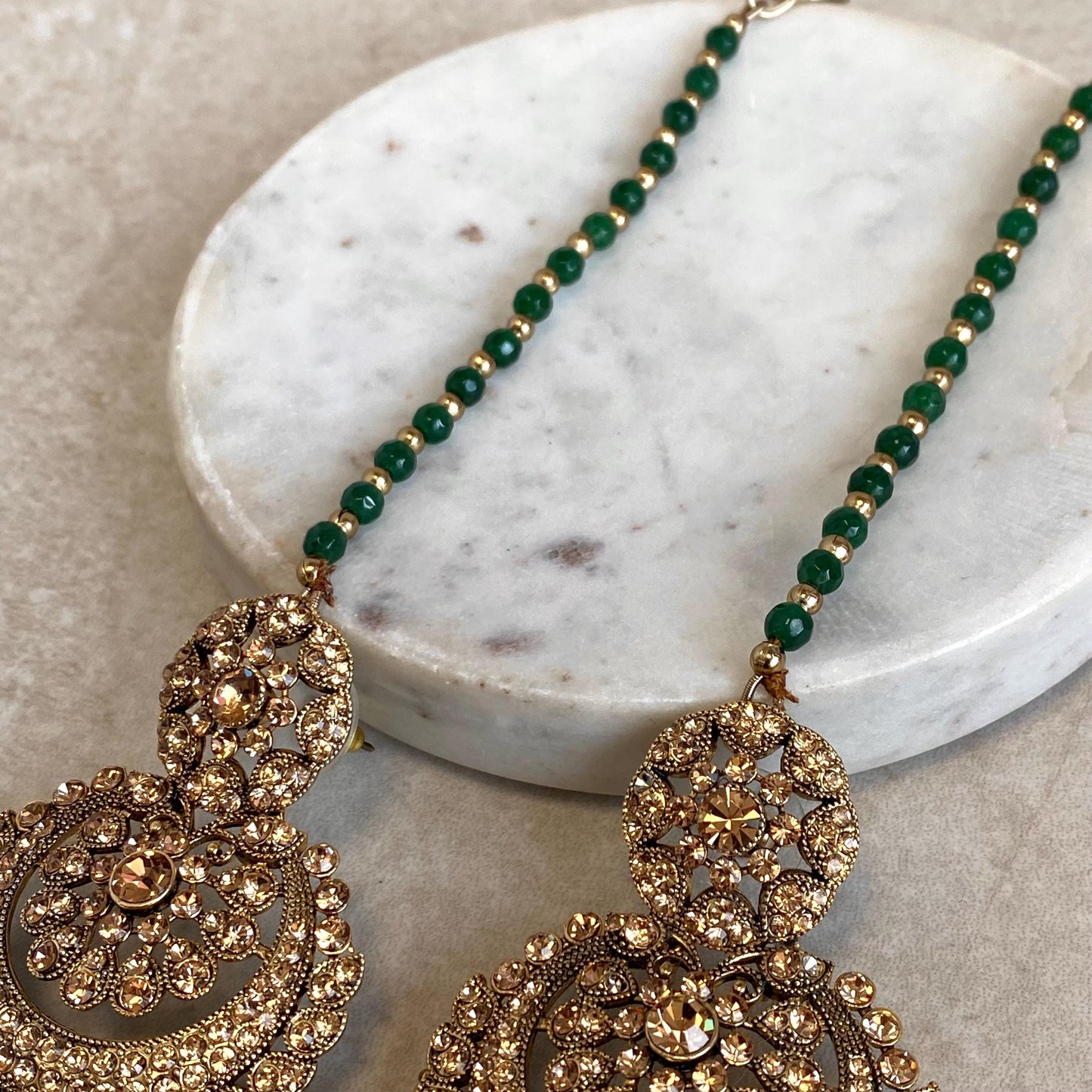 Green Medium Antique Gold Golden Rhinestone Earring with Chain Indian Pakistani Bollywood Fashion Jewellery High Quality Gift for Her