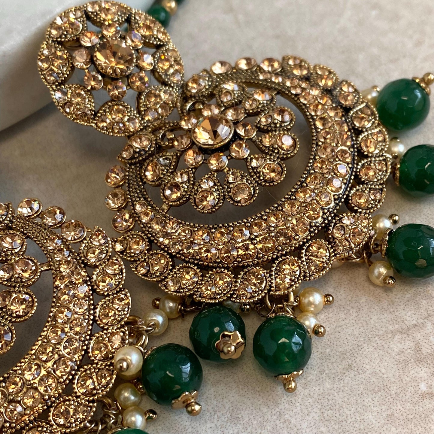 Green Medium Antique Gold Golden Rhinestone Earring with Chain Indian Pakistani Bollywood Fashion Jewellery High Quality Gift for Her