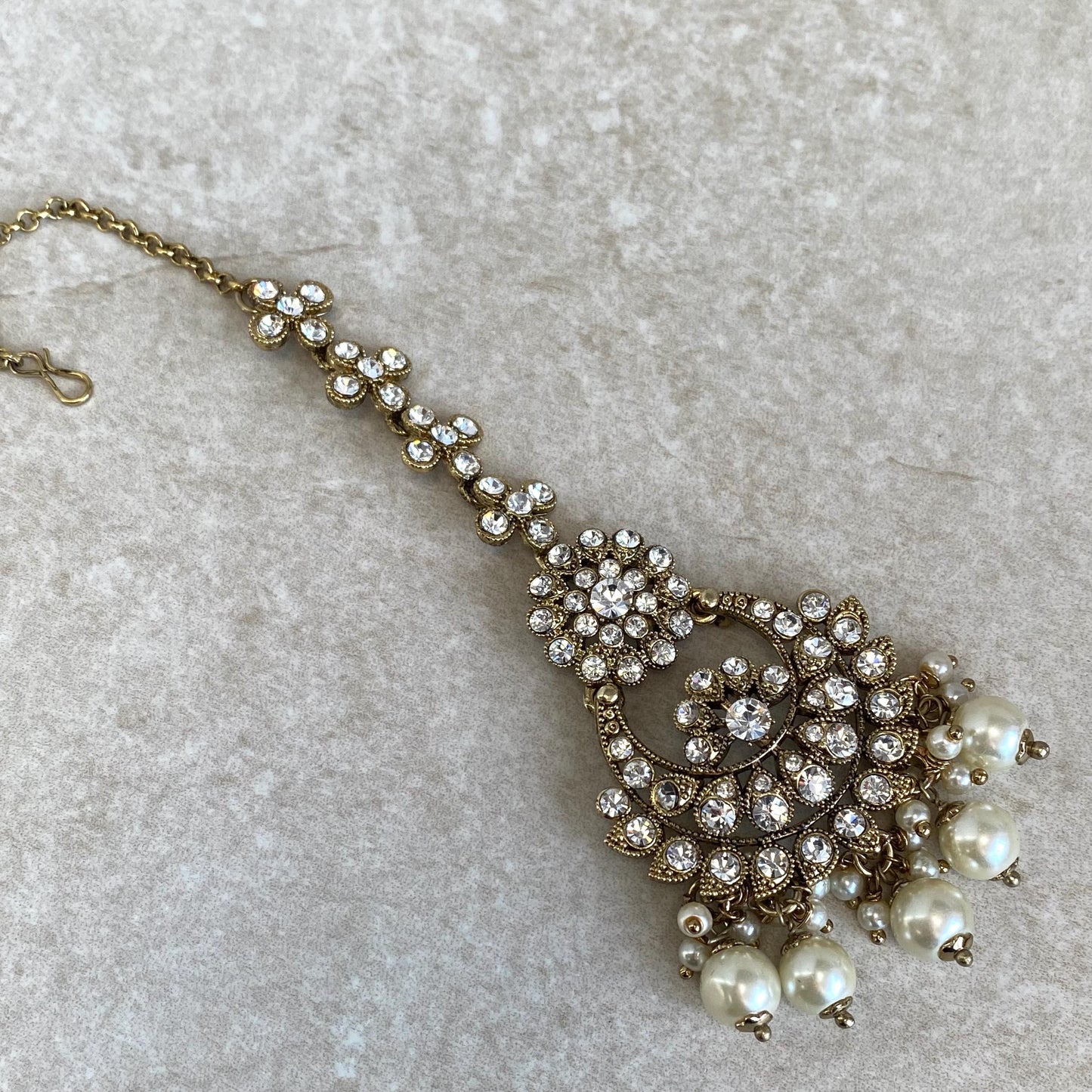 Antique Gold Clear Rhinestone Large Jhumka Earring with Chain and Tikka Bollywood Indian Pakistani Fashion Jewellery Gift Wedding Bridal