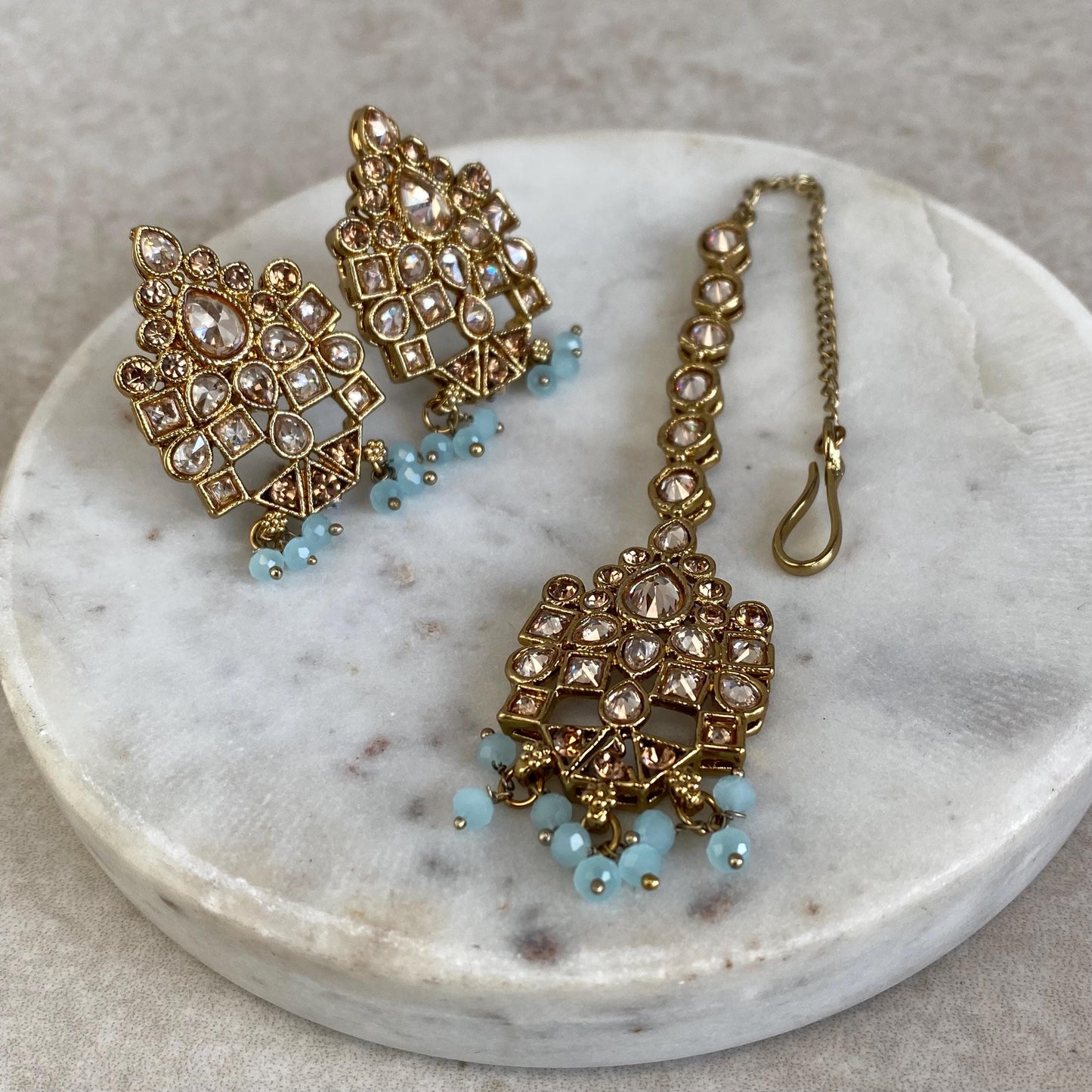 Blue Antique Gold Champagne Small Stud Earring Tikka High Quality Lightweight Bollywood Indian Pakistani Fashion Jewellery Sale Gift for Her