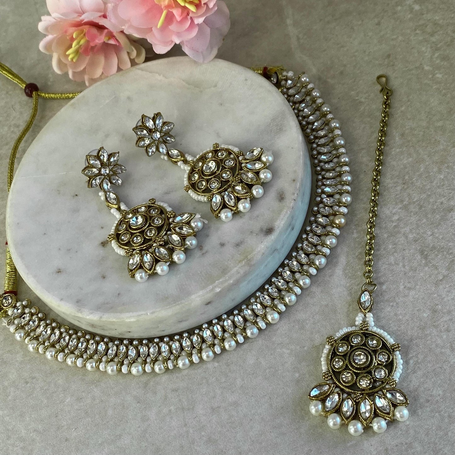 Pearl Thin Necklace Set Earring/ Tikka/ Tikli/ Indian/ Pakistani/Fashion Jewellery/ Gift for Women/ Antique Gold with Clear Zircon Crystal