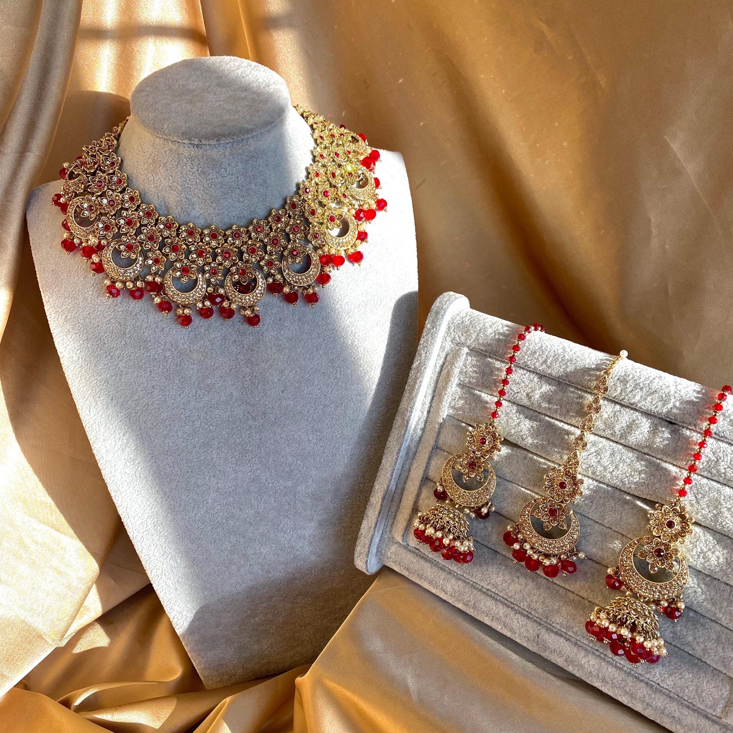 Red Antique Gold Rhinestone Bridal Necklace Set Jhumka Chain Earring Tikka Bollywood Indian Pakistani Fashion Jewellery High Quality SALE