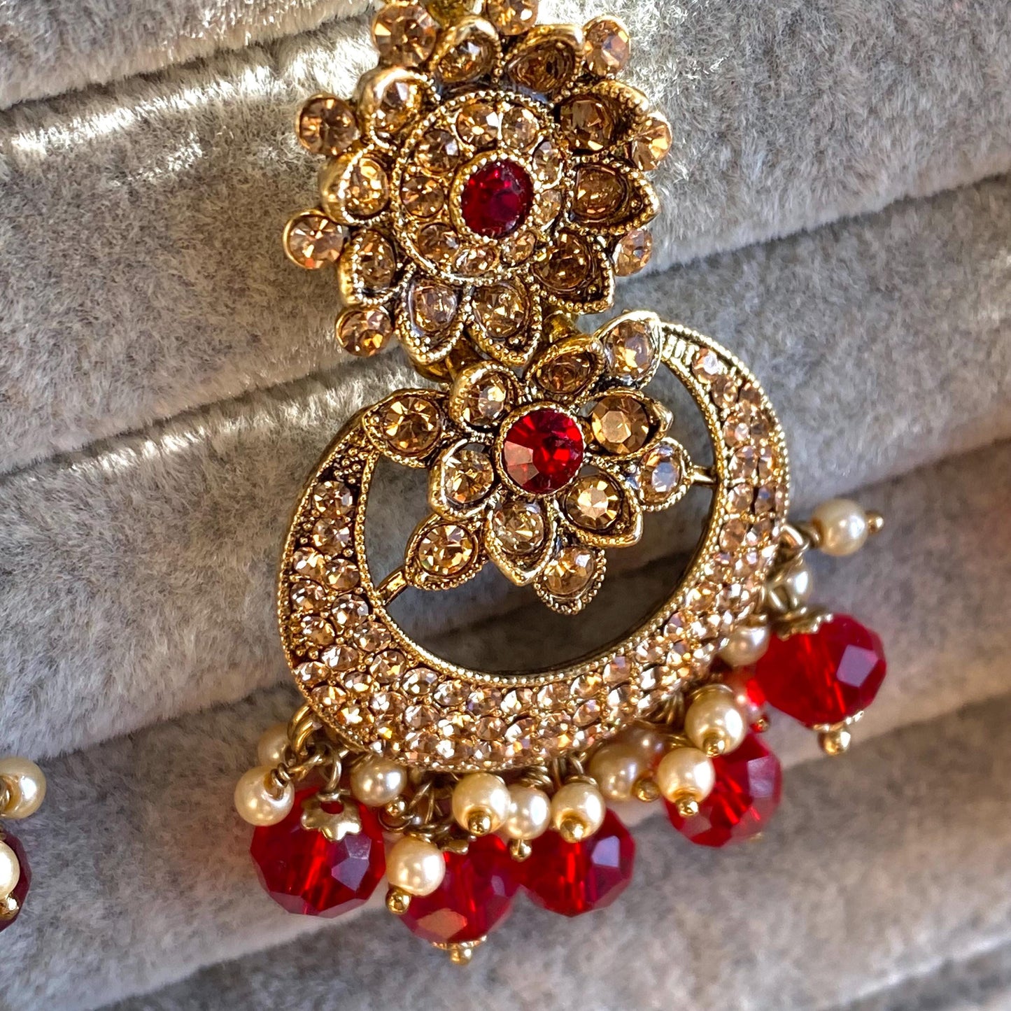 Red Antique Gold Rhinestone Bridal Necklace Set Jhumka Chain Earring Tikka Bollywood Indian Pakistani Fashion Jewellery High Quality SALE