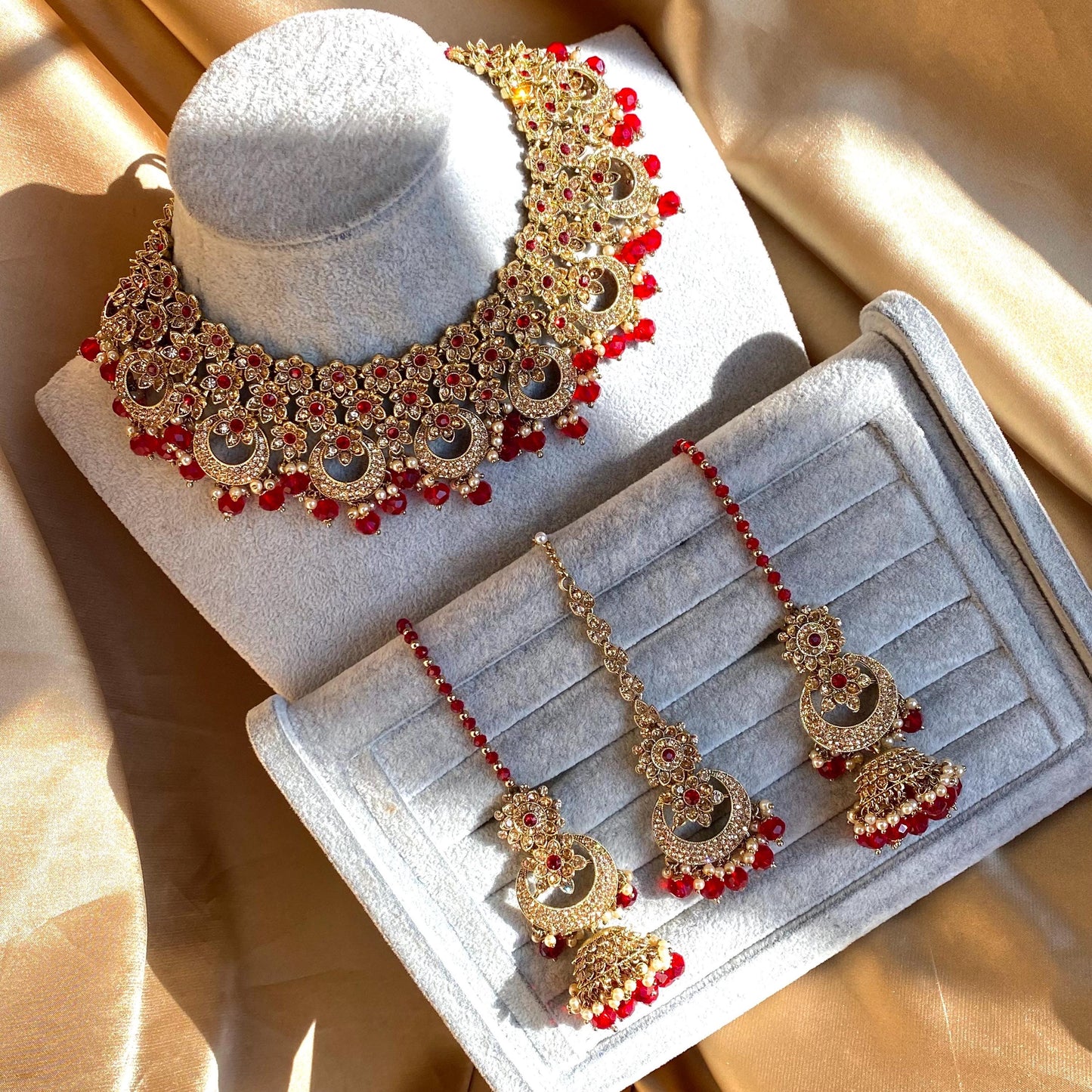 Red Antique Gold Rhinestone Bridal Necklace Set Jhumka Chain Earring Tikka Bollywood Indian Pakistani Fashion Jewellery High Quality SALE