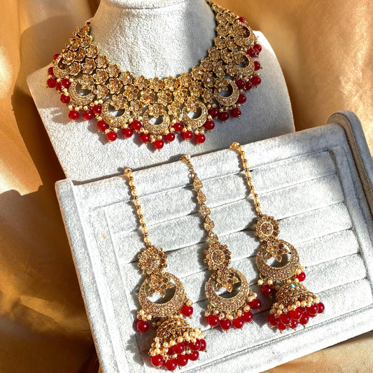 Maroon Antique Gold Rhinestone Bridal Necklace Set Jhumka Chain Earring Tikka Bollywood Indian Pakistani Fashion Jewellery High Quality SALE