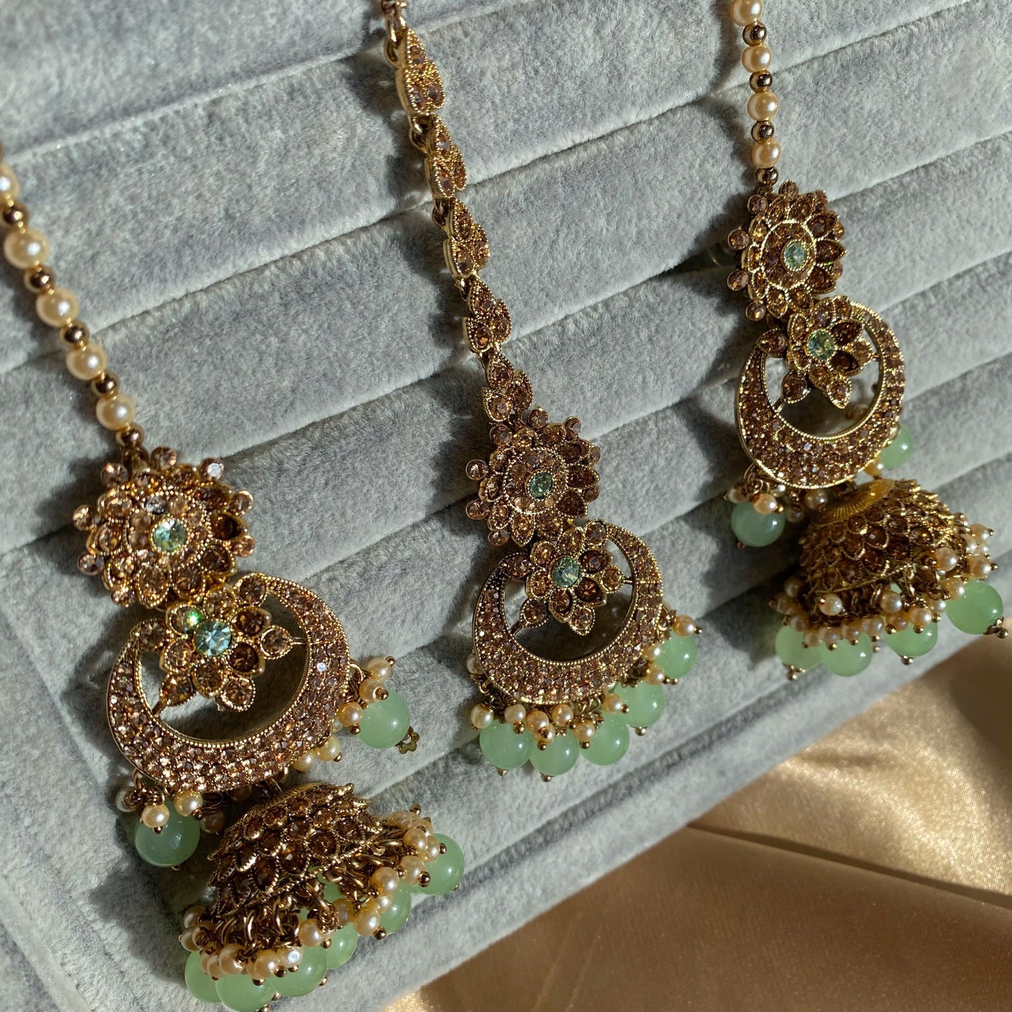 Mint Antique Gold Rhinestone Bridal Necklace Set Jhumka Chain Earring Tikka Bollywood Indian Pakistani Fashion Jewellery High Quality SALE