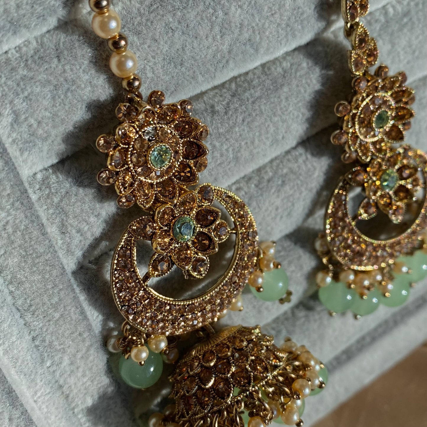 Mint Antique Gold Rhinestone Bridal Necklace Set Jhumka Chain Earring Tikka Bollywood Indian Pakistani Fashion Jewellery High Quality SALE