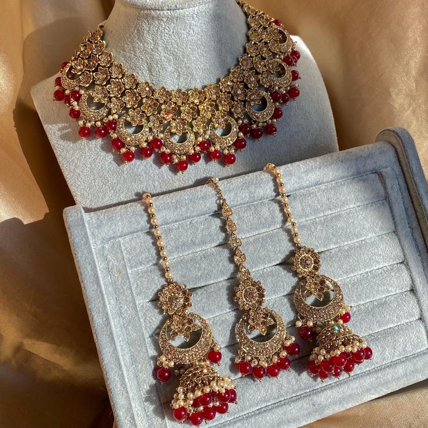 Maroon Antique Gold Rhinestone Bridal Necklace Set Jhumka Chain Earring Tikka Bollywood Indian Pakistani Fashion Jewellery High Quality SALE