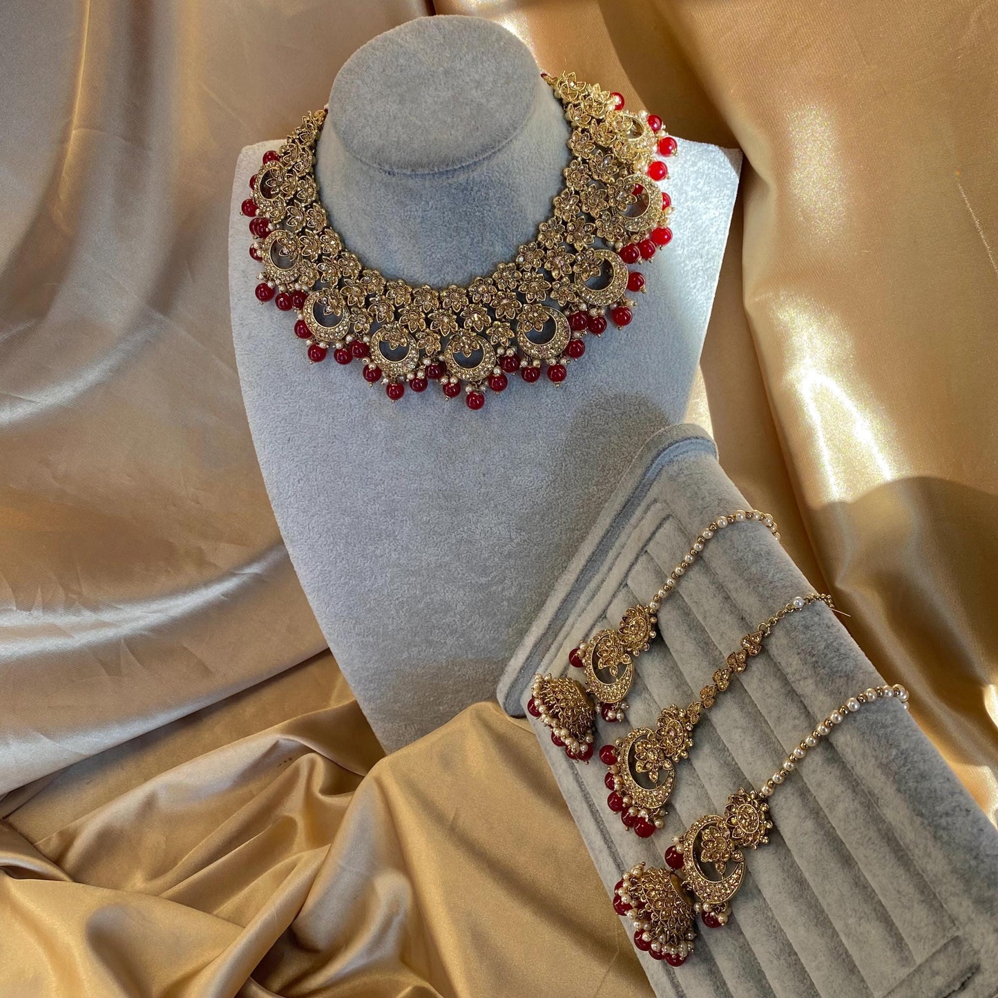 Maroon Antique Gold Rhinestone Bridal Necklace Set Jhumka Chain Earring Tikka Bollywood Indian Pakistani Fashion Jewellery High Quality SALE