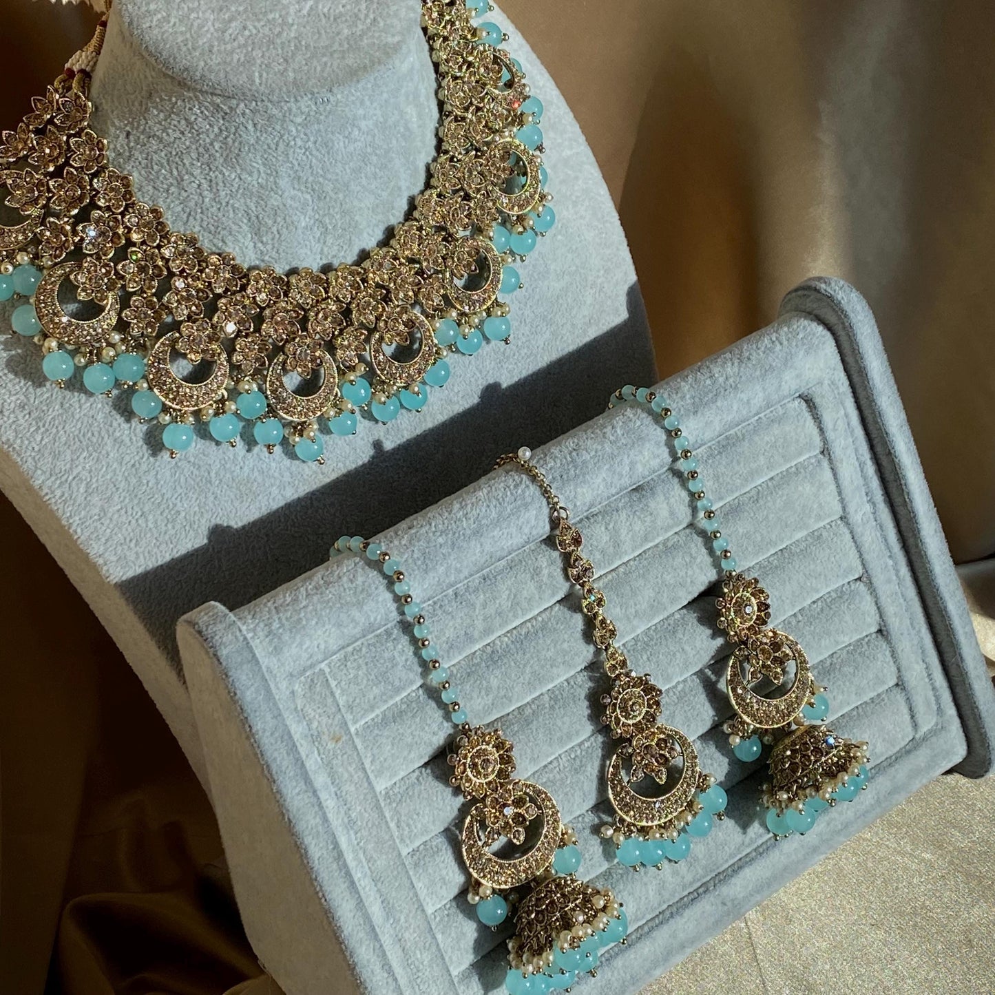 Blue Antique Gold Rhinestone Bridal Necklace Set Jhumka Chain Earring Tikka Bollywood Indian Pakistani Fashion Jewellery High Quality SALE