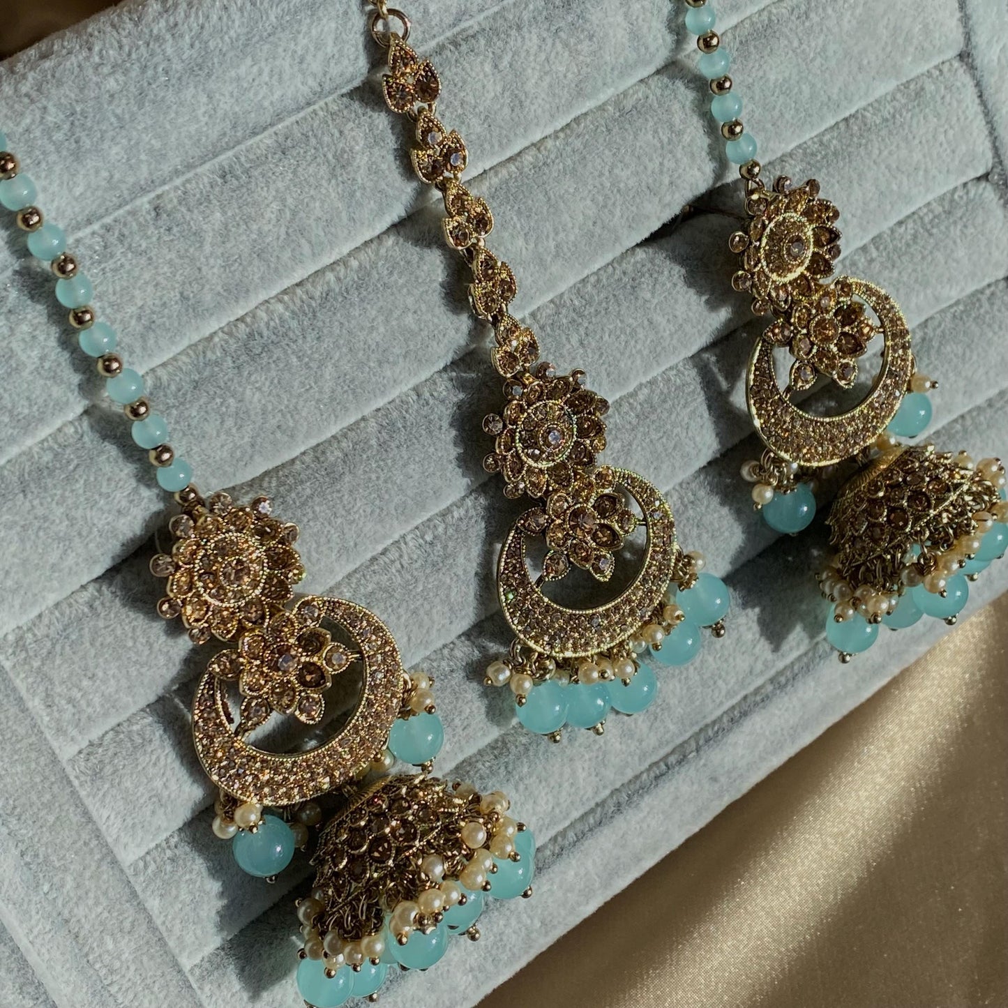 Blue Antique Gold Rhinestone Bridal Necklace Set Jhumka Chain Earring Tikka Bollywood Indian Pakistani Fashion Jewellery High Quality SALE