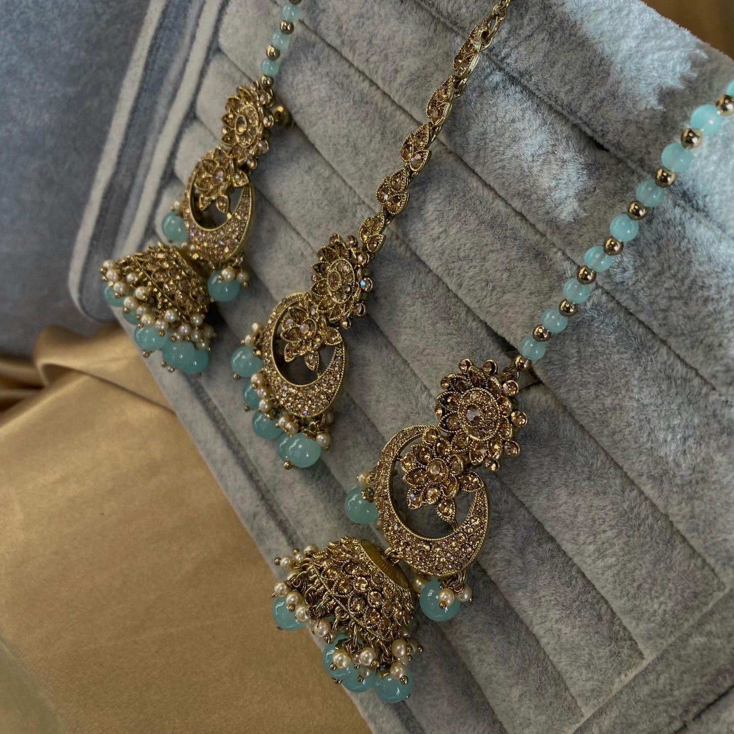 Blue Antique Gold Rhinestone Bridal Necklace Set Jhumka Chain Earring Tikka Bollywood Indian Pakistani Fashion Jewellery High Quality SALE