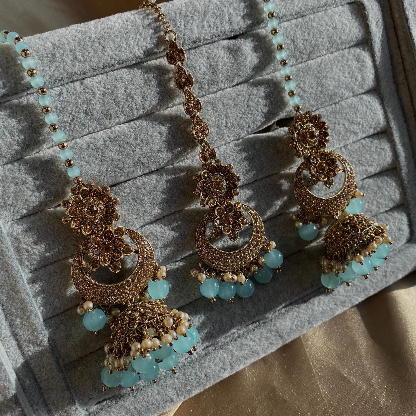 Blue Antique Gold Rhinestone Bridal Necklace Set Jhumka Chain Earring Tikka Bollywood Indian Pakistani Fashion Jewellery High Quality SALE