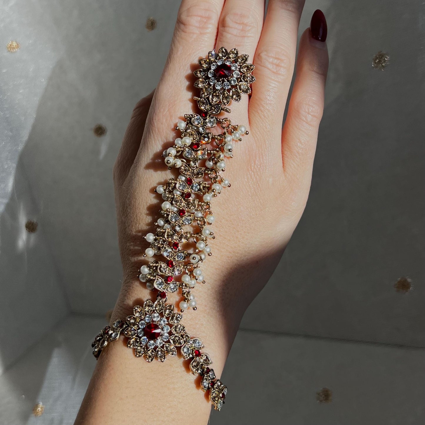 Antique Gold Red & Clear Hand Harness - Single Piece/ Fashion Jewellery/ Gift for Women/Indian/Pakistani style /Haathphool/Hand Accessory