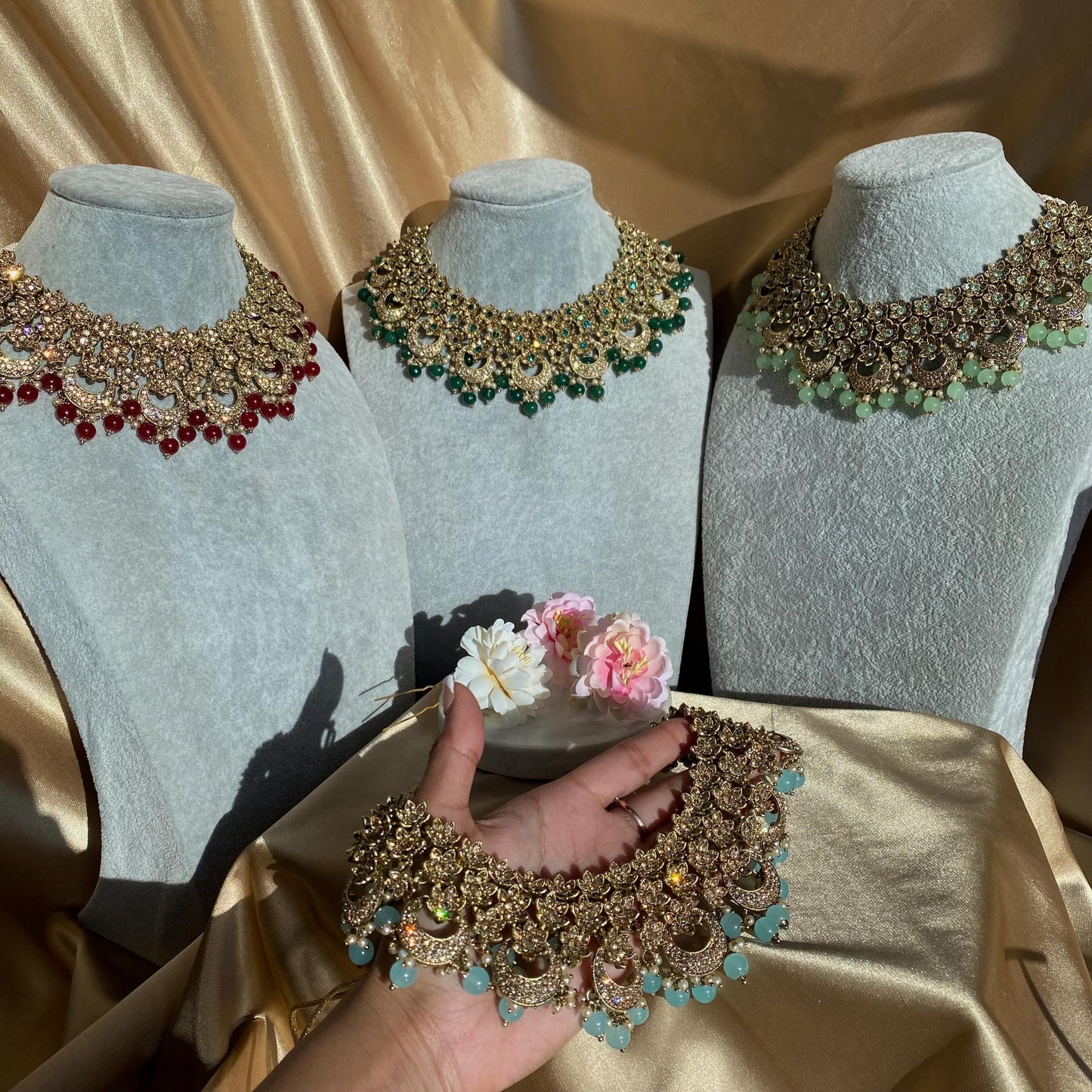 Blue Antique Gold Rhinestone Bridal Necklace Set Jhumka Chain Earring Tikka Bollywood Indian Pakistani Fashion Jewellery High Quality SALE