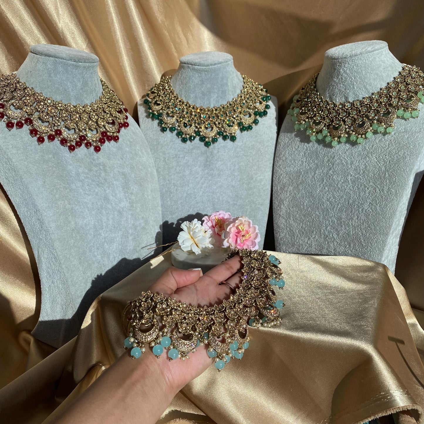 Blue Antique Gold Rhinestone Bridal Necklace Set Jhumka Chain Earring Tikka Bollywood Indian Pakistani Fashion Jewellery High Quality SALE