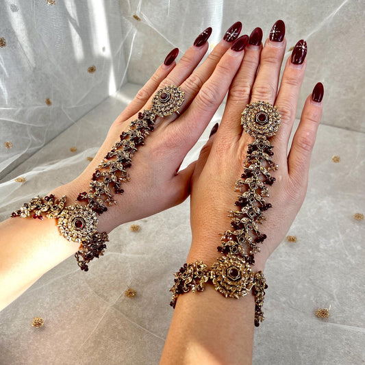 Maroon & Champagne Hand Harness - Single Piece/ Golden/ Fashion Jewellery/ Gift for Women/Indian/Pakistani style /Haathphool/Hand Accessory