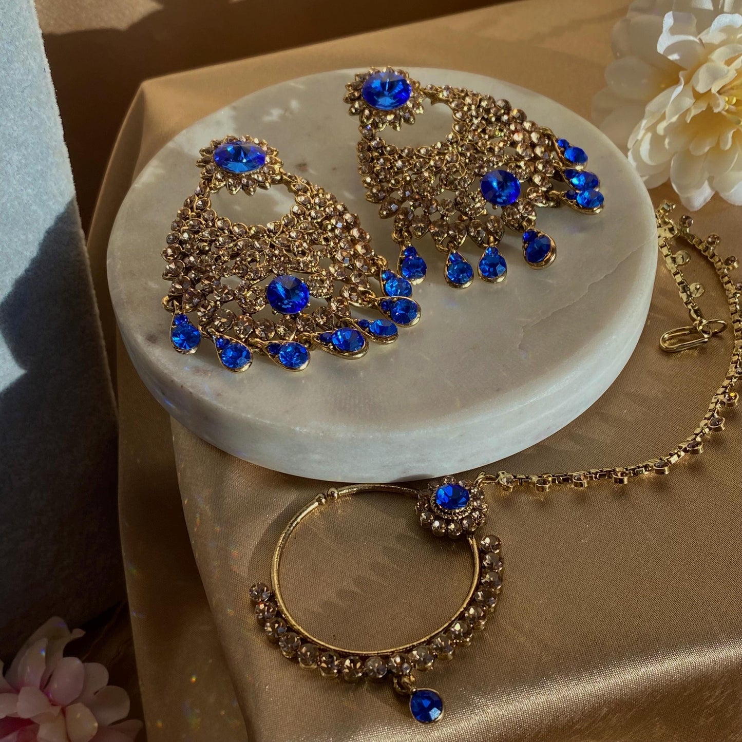 Blue Antique Gold Rhinestone Full Bridal Necklace Mala Earring Tikka Jhumar Mathapatti Nose Ring Hand Harness High Quality Sale Asian