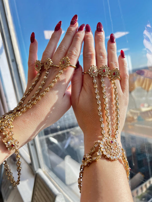 Antique Gold Maroon & Red Hand Harness/ Fashion Jewellery/Pakistani style /Haathphool/Hand Accessory