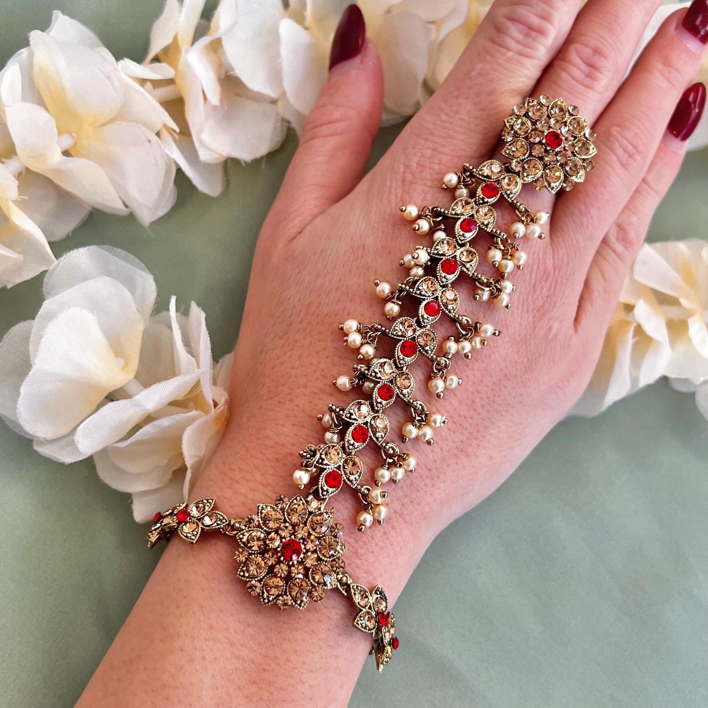 Red & Golden Hand Harness/ Red Hathpool/ Red Hand Harnesses/ Gold Hand Harness/ Indian/Pakistani style /Haathphool/Hand Accessory