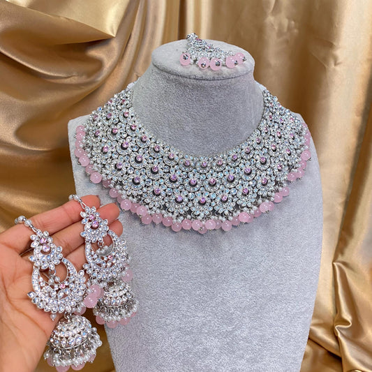 Pink Silver Bridal Set - Indian/ Pakistani Style With Jhumka earring, Tikka/Tikli/ Wedding/ Fashion Jewellery/ Necklace set