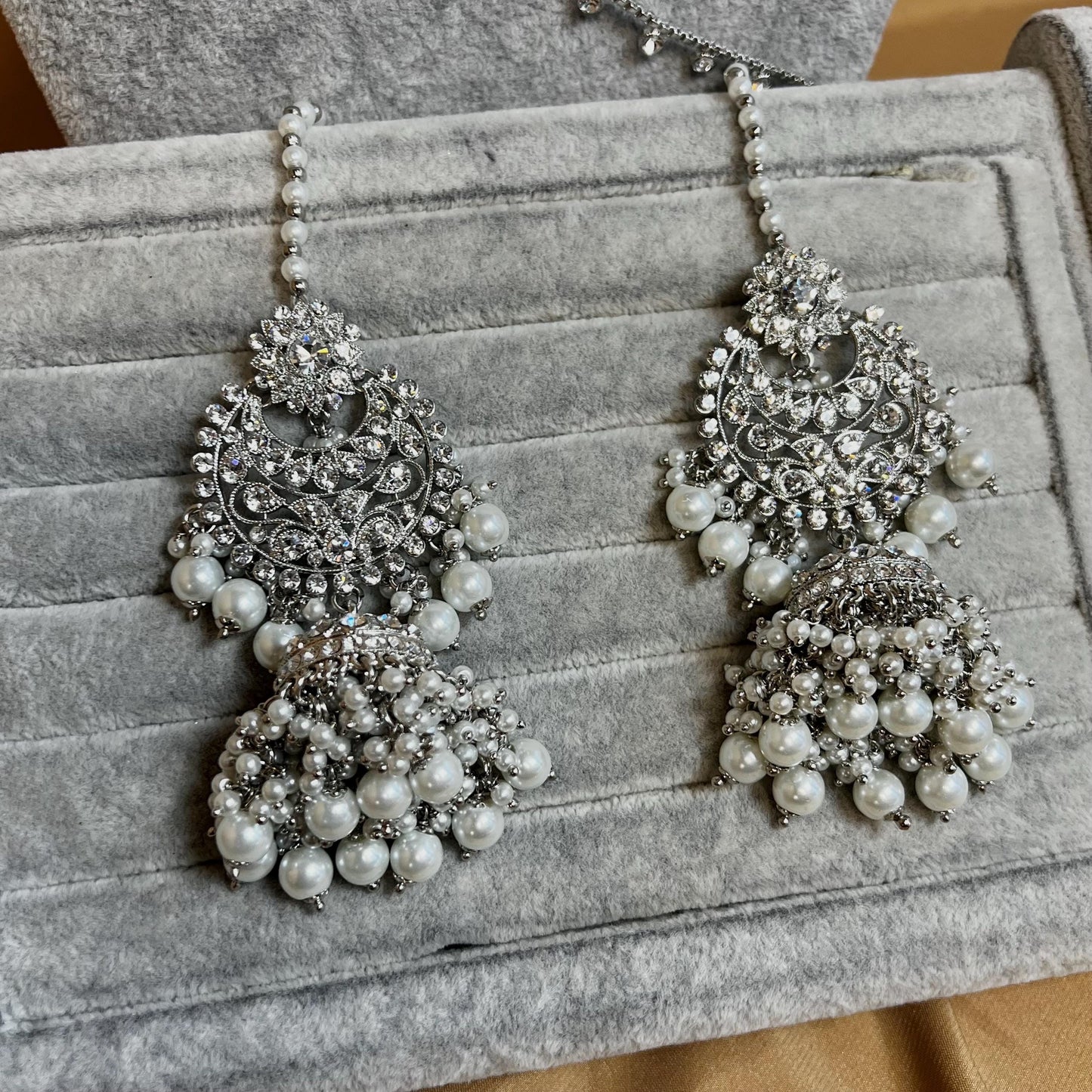 Silver Bridal Set - Pearl Indian/ Pakistani Style With Jhumka earring, Tikka/Tikli, Jhumar/jhoomar/ Wedding/ Fashion Jewellery/ Necklace set