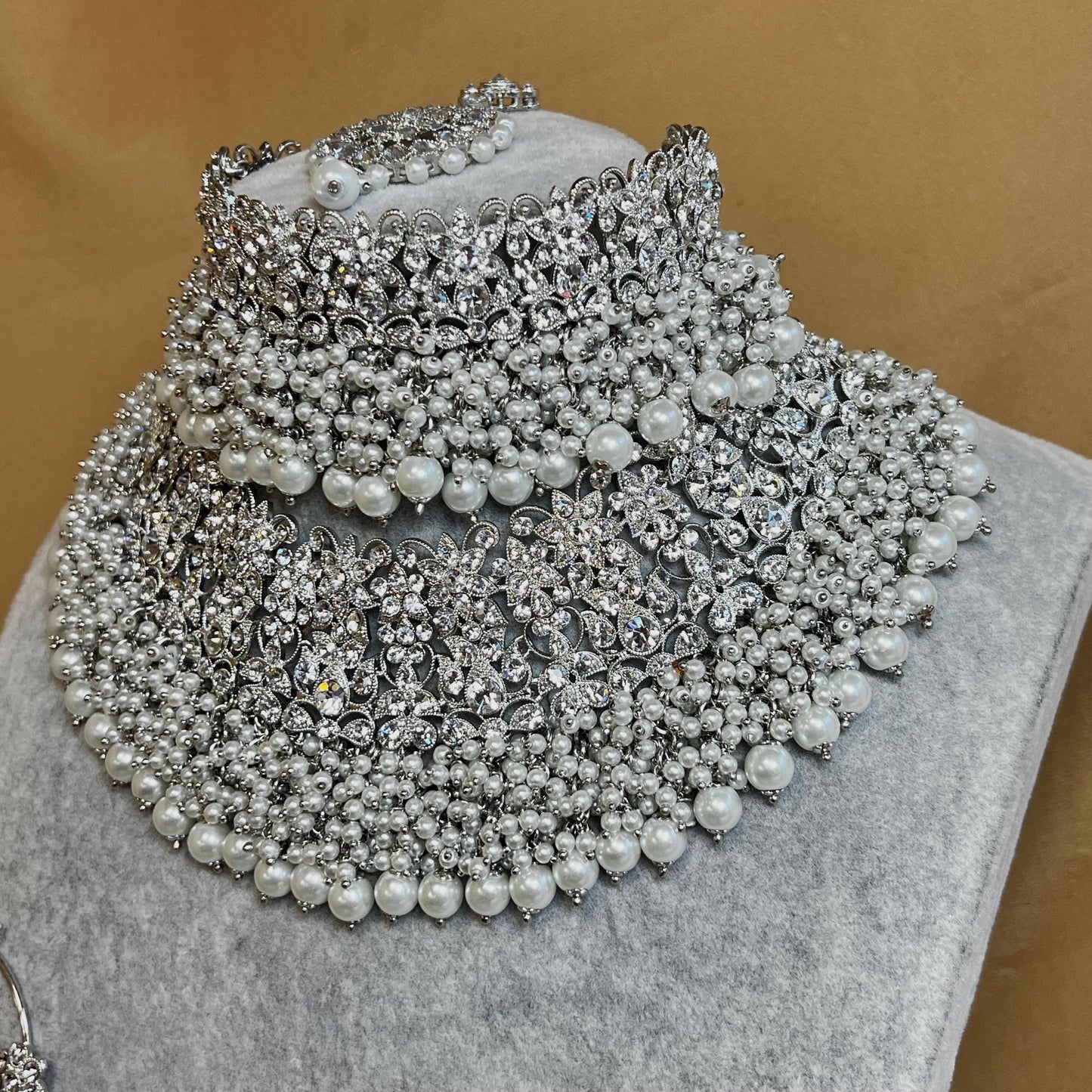 Silver Bridal Set - Pearl Indian/ Pakistani Style With Jhumka earring, Tikka/Tikli, Jhumar/jhoomar/ Wedding/ Fashion Jewellery/ Necklace set