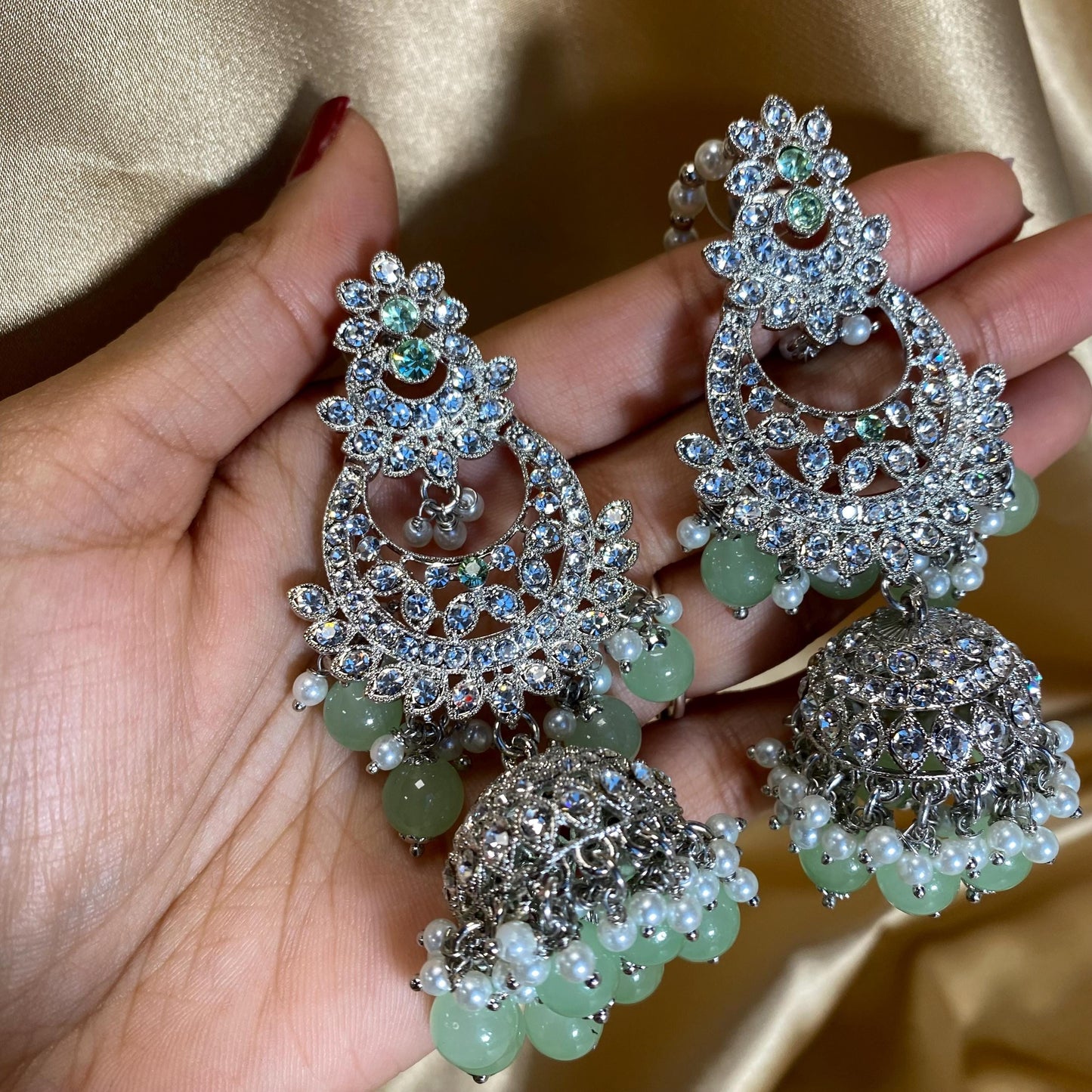 Mint Silver Bridal Set - Indian Pakistani Traditional Style With Jhumka earring,Tikka Wedding Fashion Jewellery Necklace set 3 Piece