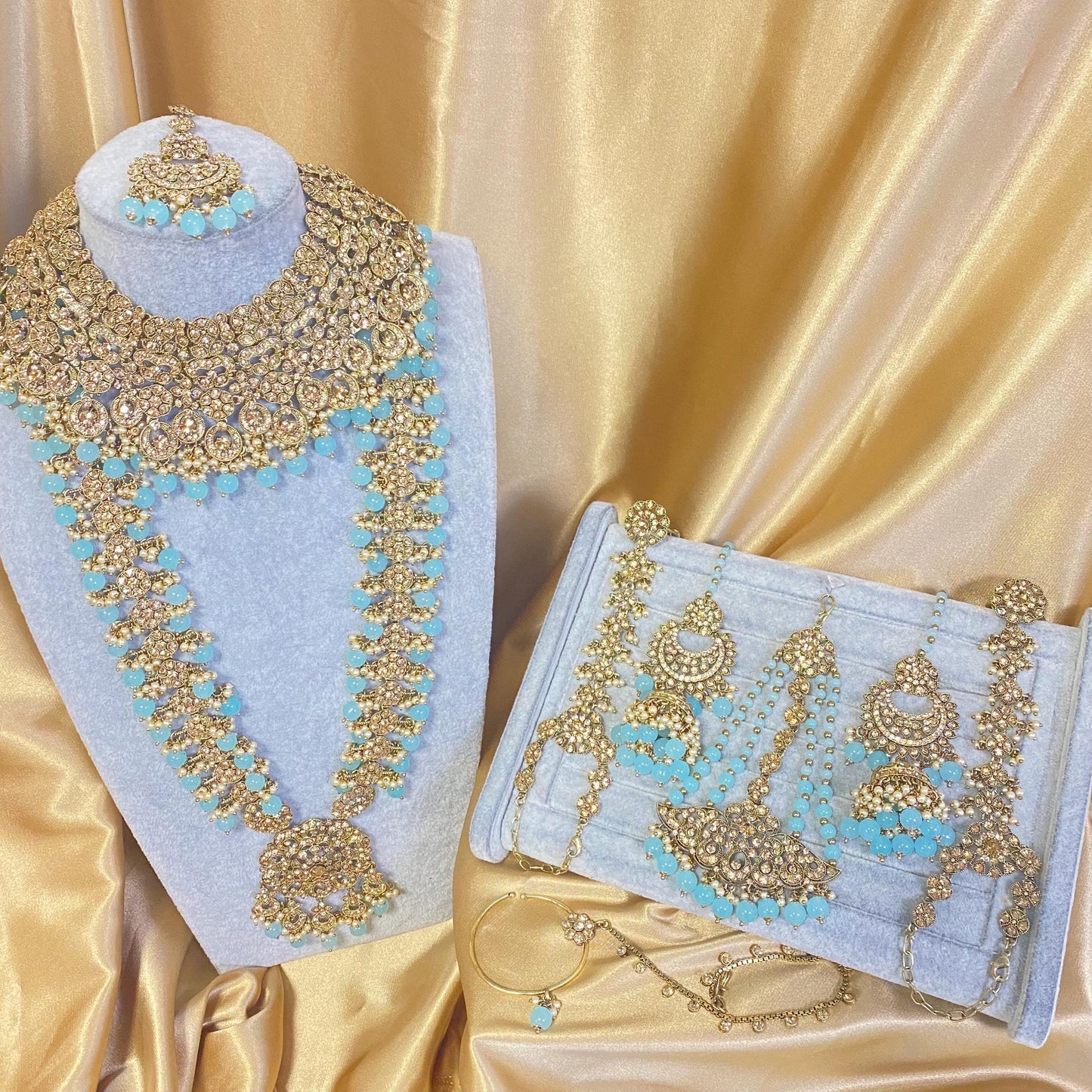 Light Blue Golden Full 8 Piece Bridal Necklace Set Traditional Indian Pakistani Style Wedding Fashion Jewellery Heavy Necklace set Sale