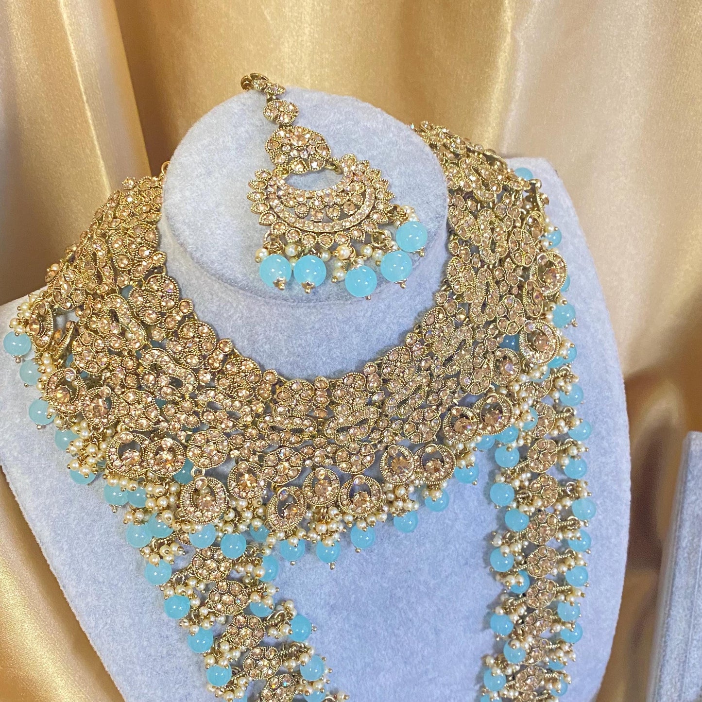 Light Blue Golden Full 8 Piece Bridal Necklace Set Traditional Indian Pakistani Style Wedding Fashion Jewellery Heavy Necklace set Sale